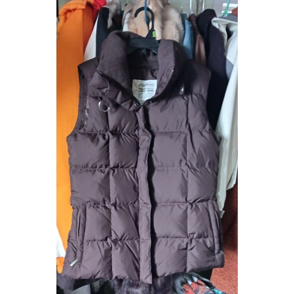 Eddie Bauer 700 Fill Power Goose Down Women XS Puffer Vest Full Zip Snap Brown